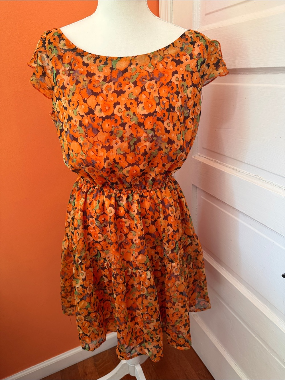 MM Couture Orange Floral Tiered Girl's Dress